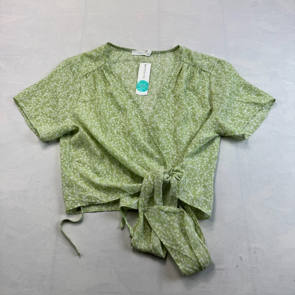 LUSH Stitch Fix Wrap Top Womens Medium Sage Green Floral Tie Front T16198-047